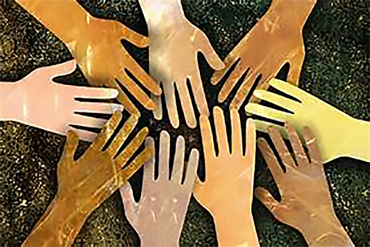 Artwork of many hands together. 