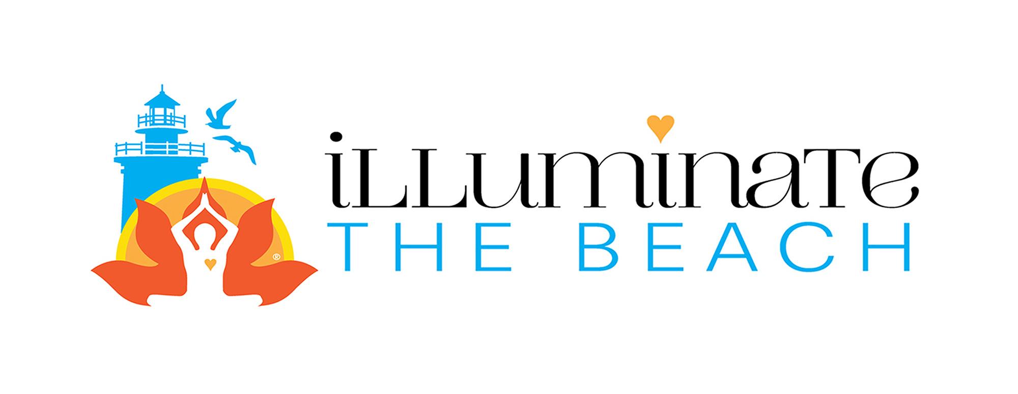 Illuminate the beach logo with yoga and lighthouse images