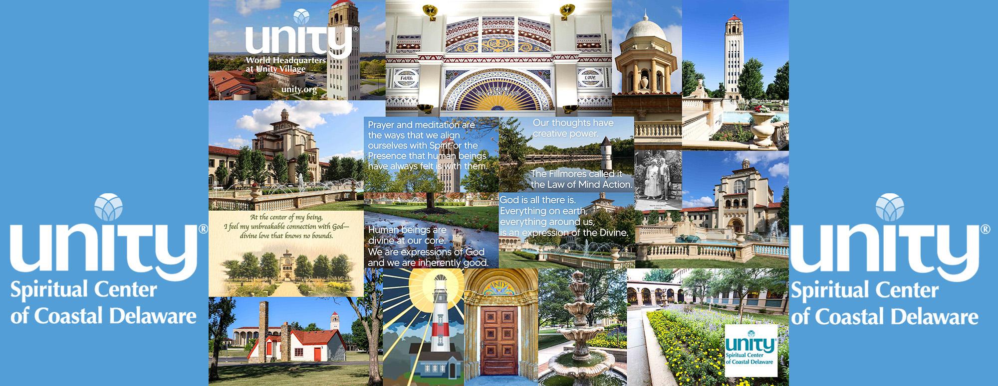 Collage of photos of Unity Village and Unity Quotes